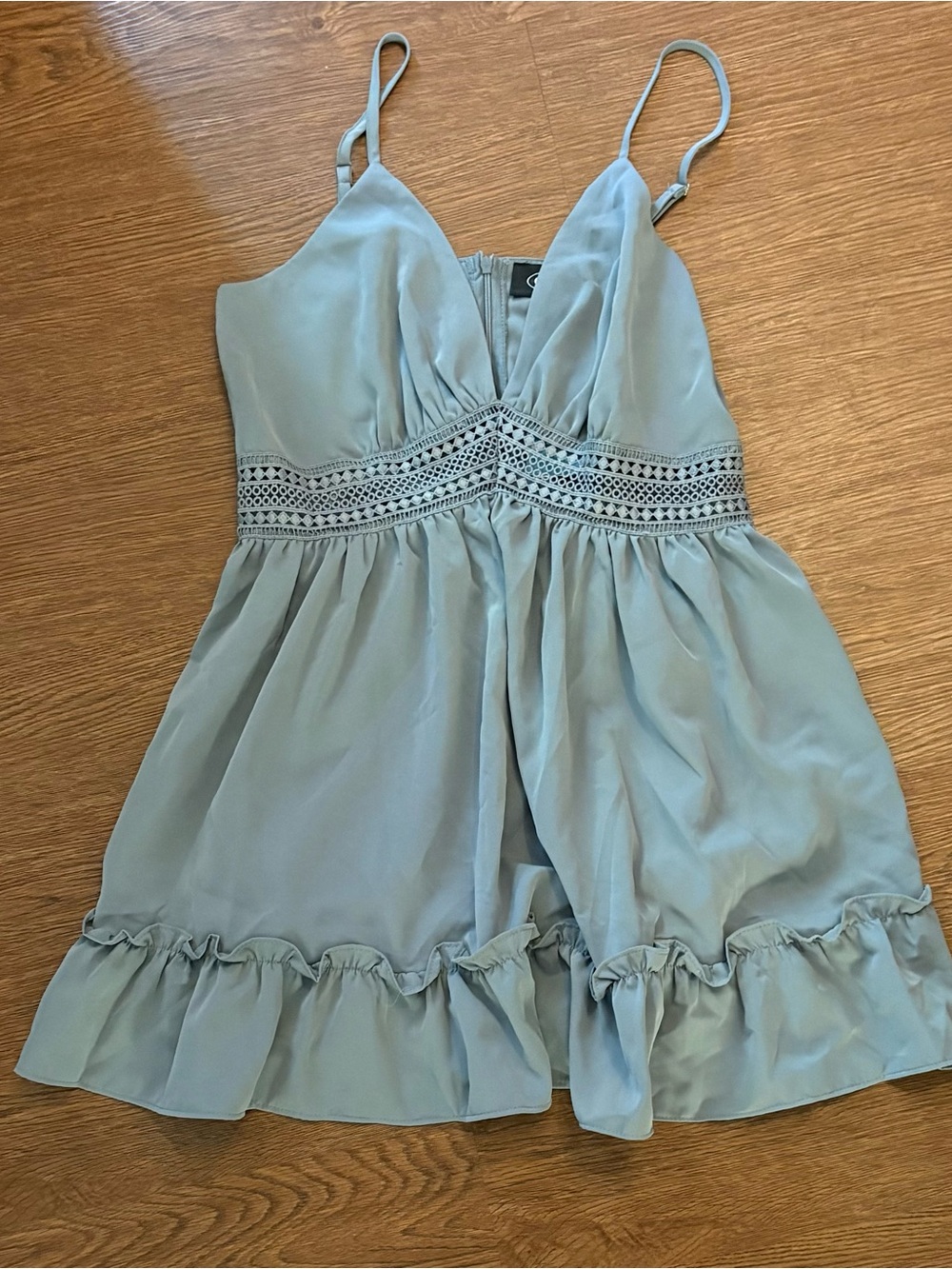 Cider Light Blue Spaghetti-Strap Dress with Crochet Waist